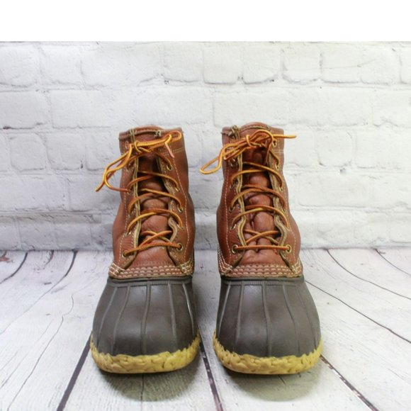 LL Bean Brown Leather Lace Up Plaid Lined Ankle Duck Boots Size 9 M - Picture 4 of 9